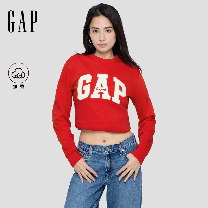 Gap 字母logo抓绒圆领卫衣合身简约上衣 红色 109元