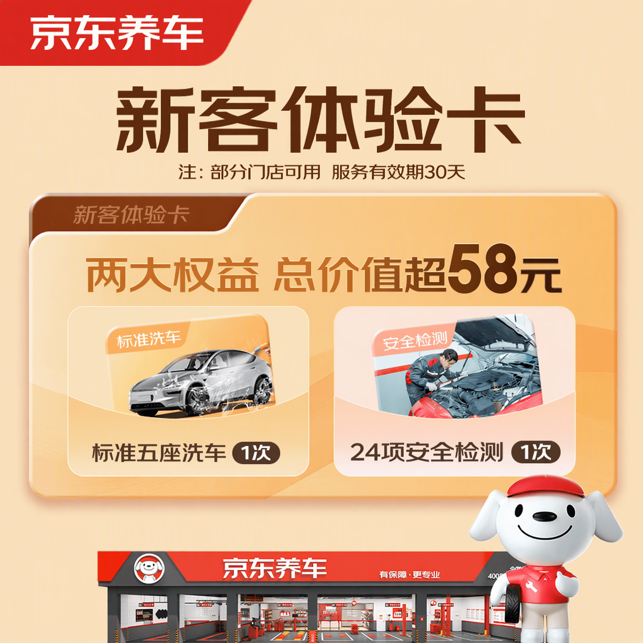 京东养车 单次标准洗车+24项检测 5座轿车/SUV 全国通用 9.9元（需用券）