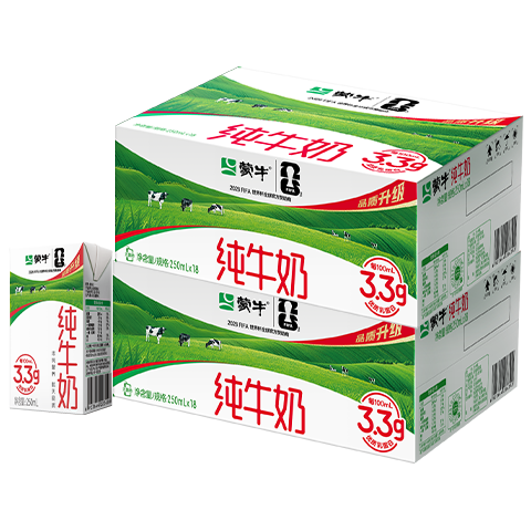再降价：蒙牛 全脂纯牛奶 250ml×36盒 3.2g蛋白质 54.9元，可低至51.9元（返3元京豆后）