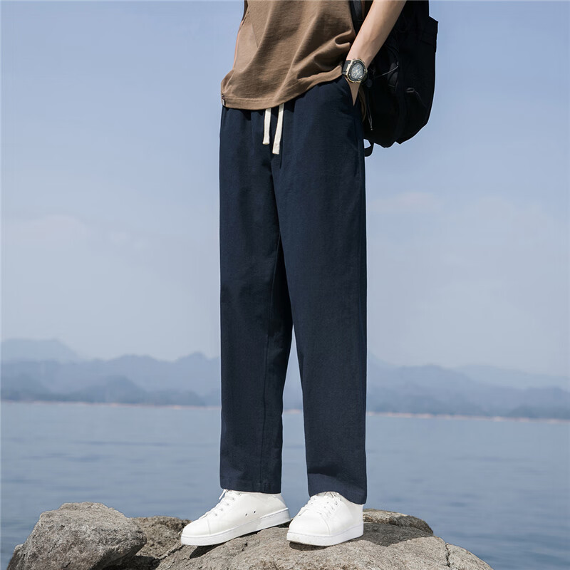 月伊纺 夏季新款宽松直筒棉麻休闲裤男大码束脚九分裤青年100%纯棉阔腿裤 49.9元（需用券）