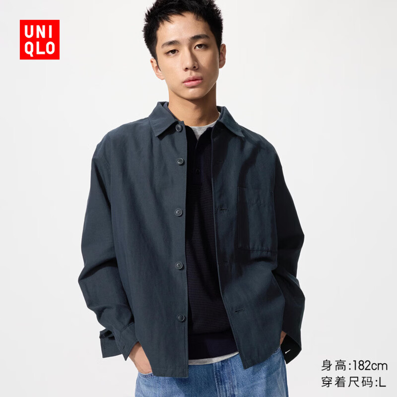 优衣库 男装女装棉麻衬衫式茄克/长袖外套夹克482443 69 藏青色 129元（需用券）