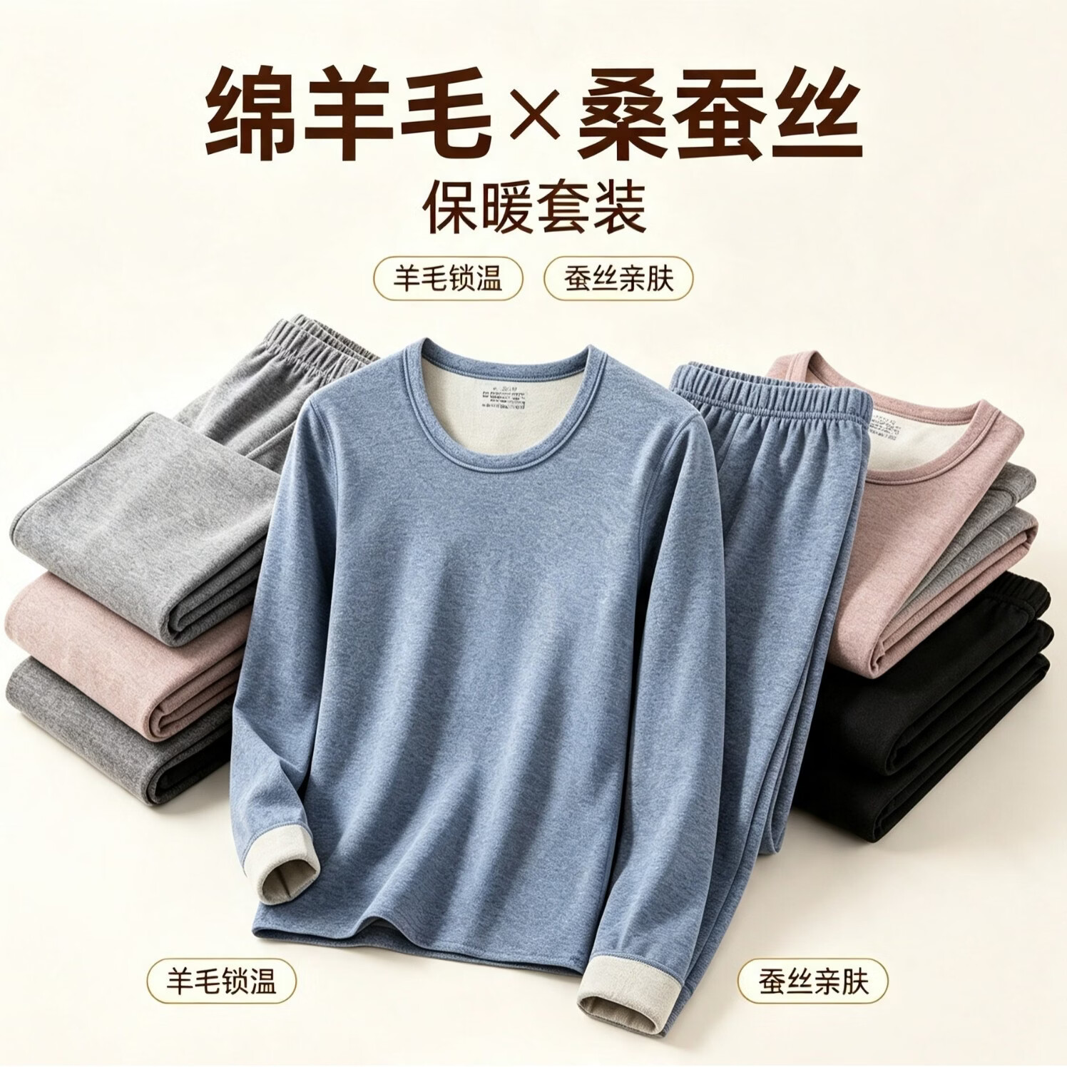 宜而爽 秋冬款保暖内衣套装绵羊毛亲肤高弹舒适修身男女同款圆领秋衣秋裤 黑色 M 24.9元（需买2件，需用券）