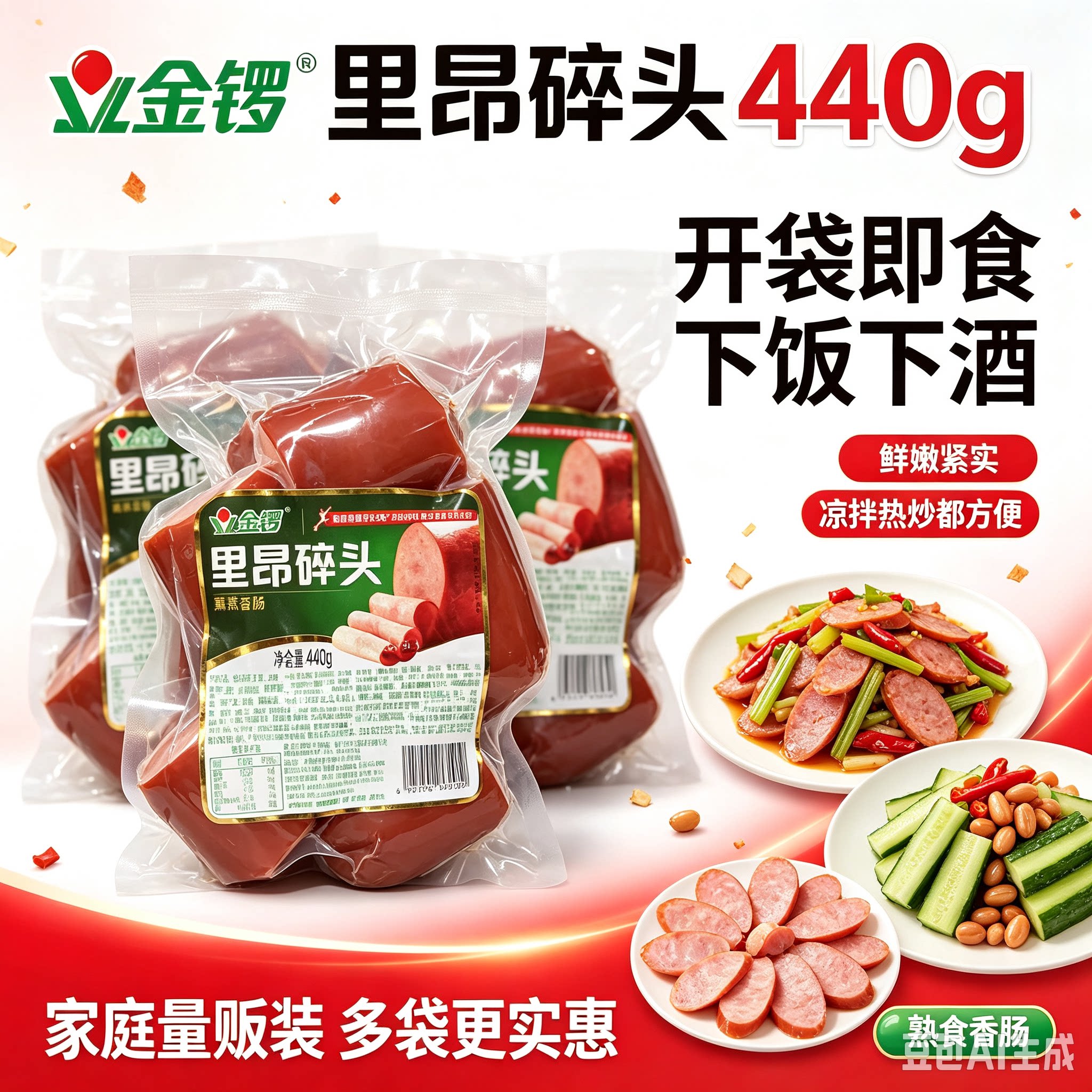 移动端：金锣 中段块火腿肠440g*1袋 8.9元（淘金币可抵1.05元起）