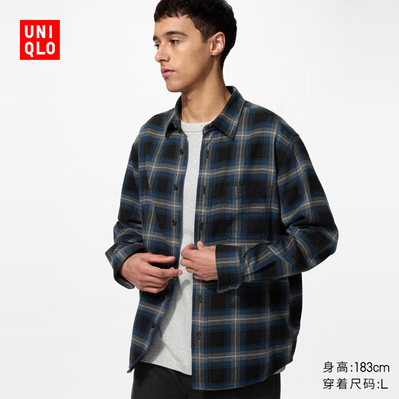 优衣库 法兰绒格子衬衫/长袖男装女装/衬衣空调衫486604 09 黑色 L 129元（需用券）